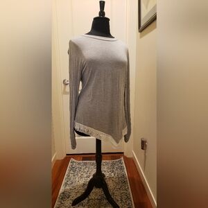 Measor Gray Long Rusched Sleeve Top with Fringe Trim Detail